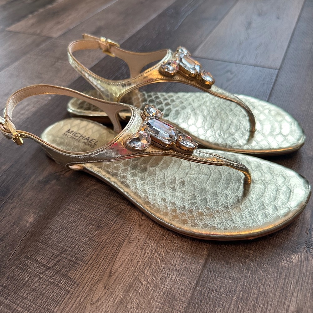 Michael Kors  Gold Embellished T Strap Thong Flat Sandals Size 8.5